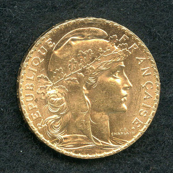 フランス ２０フラン金貨 １９１２年 農業の女神・ルースター ＡＵ